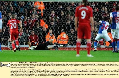 Brad Jones of Liverpool saves a penalty seconds after coming onto the pitch as a substitute .Barclays Premier League match between Blackburn Rovers v Liverpool at Ewood Park Stadium, Blackburn on the 10th April 2012. . EDITORIAL USE ONLY. No use with unauthorised audio, video, data, fixture lists, club league logos or live services. Online in-match use limited to 120 images, no video emulation. No use in betting, games or single club league player publications.