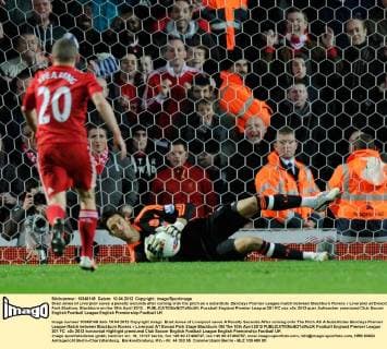Brad Jones of Liverpool saves a penalty seconds after coming onto the pitch as a substitute .Barclays Premier League match between Blackburn Rovers v Liverpool at Ewood Park Stadium, Blackburn on the 10th April 2012. . EDITORIAL USE ONLY. No use with unauthorised audio, video, data, fixture lists, club league logos or live services. Online in-match use limited to 120 images, no video emulation. No use in betting, games or single club league player publications.