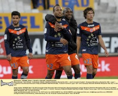 Marco Estrada - Garry Bocaly - Souleymane Camara - Benjamin Stambouli (Montpellier HSC ) - Joie fin de match Football : Olympique Marseille vs Montpellier HSC - Ligue 1 - 11 04 2012 FranckPennant Panoramic 