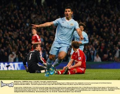Football - Premier League - Manchester City vs. West Bromwich Albion Sergio Aguero of Manchester City celebrates scoring his second goal at the Etihad Stadium 