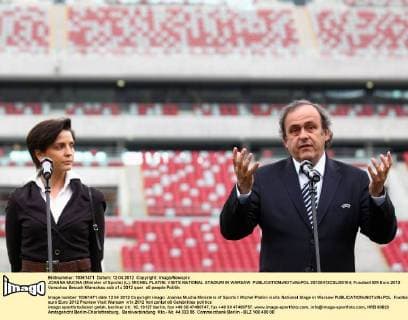 JOANNA MUCHA (Minister of Sports) (L), MICHEL PLATINI, VISITS NATIONAL STADIUM IN WARSAW  20120412CSLG0104