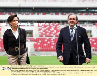 JOANNA MUCHA (Minister of Sports) (L), MICHEL PLATINI VISITS NATIONAL STADIUM IN WARSAW  20120412CSLG0119