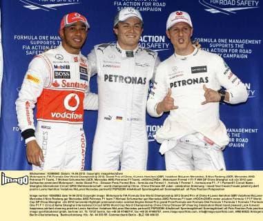 Motorsports: FIA Formula One World Championship 2012, Grand Prix of China, 4 Lewis Hamilton (GBR, Vodafone McLaren Mercedes), 8 Nico Rosberg (GER, Mercedes AMG Petronas F1 Team), 7 Michael Schumacher (GER, Mercedes AMG Petronas F1 Team), xHOCHxZWEIx