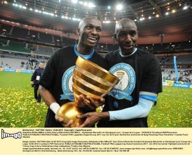 Stephane M Bia (MBia) et Alou Diarra (Marseille) FOOTBALL : Olympique Marseille vs Olympique Lyon - Coupe de la Ligue - 14 04 2012 N.LeGouic FEP Panoramic 