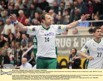 Toyota Handball Bundesliga HBW Balingen Weilstetten vs. Frisch Auf Göppingen 15.04.12 Sparkassen Arena Dalibor ANUSIC ( Frisch auf Göppingen ) Jubel