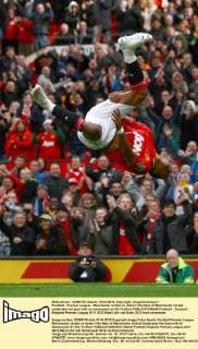 Football - Premier League - Manchester United vs. Aston Villa Nani of Manchester United celebrates his goal with an somersault at Old Trafford 