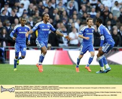 Football - FA Cup Semi-Final - Chelsea vs. Tottenham Hotspur Chelsea s Didier Drogba celebrates scoring the opening goal of the game at Wembley Stadium, London 