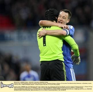 Chelsea John Terry celebrates at the final whistle with Carlo Cudicini..Tottenham Hotspur v Chelsea, FA Cup Semi Final Sponsored by Budweiser, at Wembley, London. 15th April 2012. EDITORIAL USE ONLY. No use with unauthorised audio, video, data, fixture lists, club league logos or live services. Online in-match use limited to 120 images, no video emulation. No use in betting, games or single club league player publications.