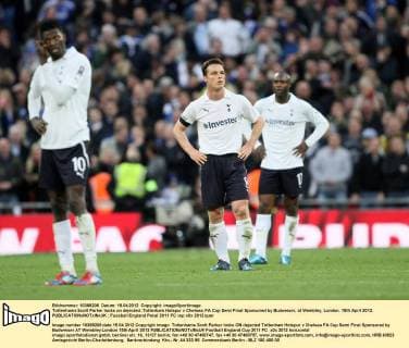 Tottenhams Scott Parker looks on dejected..Tottenham Hotspur v Chelsea, FA Cup Semi Final Sponsored by Budweiser, at Wembley, London. 15th April 2012. EDITORIAL USE ONLY. No use with unauthorised audio, video, data, fixture lists, club league logos or live services. Online in-match use limited to 120 images, no video emulation. No use in betting, games or single club league player publications.
