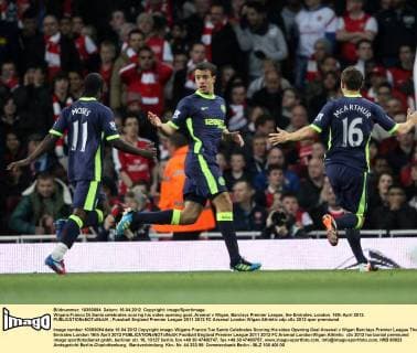Wigans Franco Di Santo celebrates scoring his sides opening goal..Arsenal v Wigan, Barclays Premier League, the Emirates, London. 16th April 2012. EDITORIAL USE ONLY. No use with unauthorised audio, video, data, fixture lists, club league logos or live services. Online in-match use limited to 120 images, no video emulation. No use in betting, games or single club league player publications.