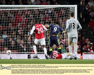 Wigans Franco Di Santo scoring his sides opening goal..Arsenal v Wigan, Barclays Premier League, the Emirates, London. 16th April 2012. EDITORIAL USE ONLY. No use with unauthorised audio, video, data, fixture lists, club league logos or live services. Online in-match use limited to 120 images, no video emulation. No use in betting, games or single club league player publications.