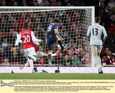 Wigans Franco Di Santo scoring his sides opening goal..Arsenal v Wigan, Barclays Premier League, the Emirates, London. 16th April 2012. EDITORIAL USE ONLY. No use with unauthorised audio, video, data, fixture lists, club league logos or live services. Online in-match use limited to 120 images, no video emulation. No use in betting, games or single club league player publications.