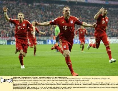 FC Bayern Munich - Real Madrid - Champions League 2011 2012 - Semifinal - Allianz Arena: Bastian Schweinsteiger, Jerome Boateng, Franck Ribery celebrating goal 