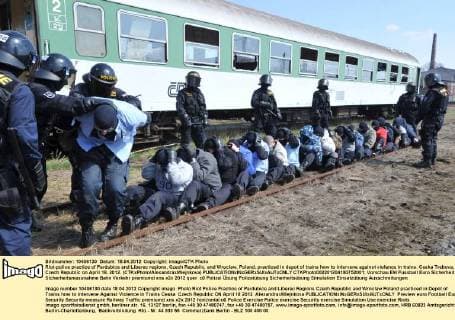 Riot-police practice of Pardubice and Liberec regions, Czech Republic, and Wroclaw, Poland, practiced in depot of trains how to intervene against violence in trains. Ceska Trebova, Czech Republic on April 18, 2012. (CTKxPhoto AlexandraxMlejnkova)  CTKPhoto002201204180752001