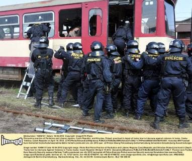 Riot-police practice of Pardubice and Liberec regions, Czech Republic, and Wroclaw, Poland, practiced in depot of trains how to intervene against violence in trains. Ceska Trebova, Czech Republic on April 18, 2012. (CTKxPhoto AlexandraxMlejnkova)  CTKPhoto005201204180751801