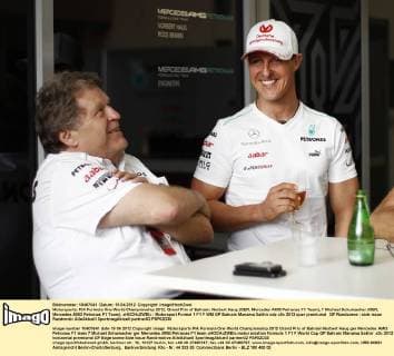 Motorsports: FIA Formula One World Championship 2012, Grand Prix of Bahrain, Norbert Haug (GER, Mercedes AMG Petronas F1 Team), 7 Michael Schumacher (GER, Mercedes AMG Petronas F1 Team), xHOCHxZWEIx