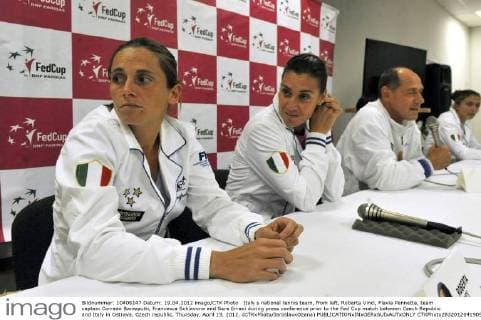 Italy s national tennis team, from left, Roberta Vinci, Flavia Pennetta, team captain Corrado Barazzutti, Francesca Schiavone and Sara Errani during press conference prior to the Fed Cup match between Czech Republic and Italy in Ostrava, Czech republic, Thursday, April 19, 2012. (CTKxPhoto JaroslavxOzana)  CTKPhoto283201204190910401