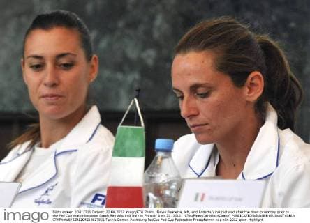 Flavia Pennetta, left, and Roberta Vinci pictured after the draw ceremony prior to the Fed Cup match between Czech Republic and Italy in Prague, April 20, 2012. (CTKxPhoto JaroslavxOzana)  CTKPhoto643201204200637801