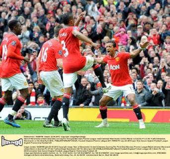 Nani of Manchester United celebrates scoring the third goal.Barclays Premier League match between Manchester United (ManU) vs Everton FC at Old Trafford Stadium, Manchester on the 22nd April 2012. EDITORIAL USE ONLY. No use with unauthorised audio, video, data, fixture lists, club league logos or live services. Online in-match use limited to 120 images, no video emulation. No use in betting, games or single club league player publications.