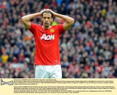 Rio Ferdinand of Manchester United dejected after drawing with Everton.Barclays Premier League match between Manchester United (ManU) vs Everton FC at Old Trafford Stadium, Manchester on the 22nd April 2012. EDITORIAL USE ONLY. No use with unauthorised audio, video, data, fixture lists, club league logos or live services. Online in-match use limited to 120 images, no video emulation. No use in betting, games or single club league player publications.