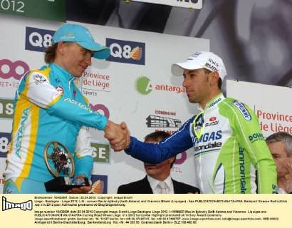 Liege - Bastogne - Liege 2012, L-R - winner Maxim Iglinsky (both Astana) and Vincenzo Nibaki (Liquigas) - Ans 