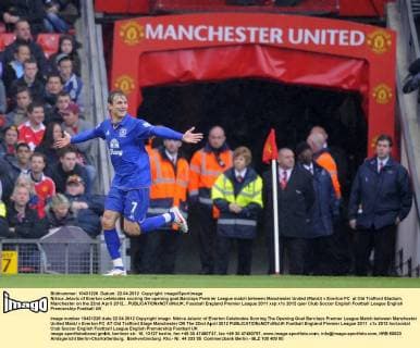 Nikica Jelavic of Everton celebrates scoring the opening goal.Barclays Premier League match between Manchester United (ManU) v Everton FC at Old Trafford Stadium, Manchester on the 22nd April 2012... EDITORIAL USE ONLY. No use with unauthorised audio, video, data, fixture lists, club league logos or live services. Online in-match use limited to 120 images, no video emulation. No use in betting, games or single club league player publications.