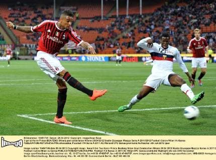 il gol di Kevin Prince BOATENG (Milan) goal celebration Milano 25 04 2012 Stadio Giuseppe Meazza Serie A 2011 2012 Football Calcio Milan Vs Genoa allexsabba