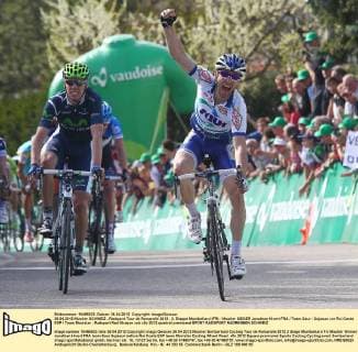 26.04.2012 Moutier SCHWEIZ , Radsport Tour de Romandie 2012 , 2. Etappe Montbeliard (FR) - Moutier SIEGER Jonathan Hivert FRA Team Saur - Sojasun vor Rui Costa ESP Team Movistar 