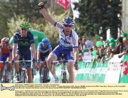 26.04.2012 Moutier SCHWEIZ , Radsport Tour de Romandie 2012 , 2. Etappe Montbeliard (FR) - Moutier SIEGER Jonathan Hivert FRA Team Saur - Sojasun vor Rui Costa ESP Team Movistar 