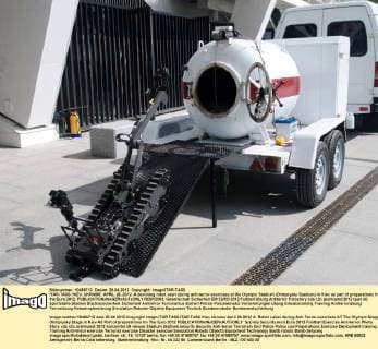ITAR-TASS: KIEV, UKRAINE. APRIL 28, 2012. A demining robot seen during anti-terror exercises at the Olympic Stadium (Olimpiysky Stadium) in Kiev as part of preparations for the Euro 2012.  RE0FD593