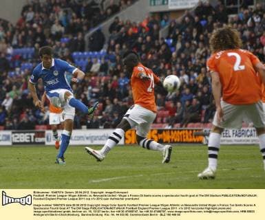Football -Premier League- Wigan Athletic vs. Newcastle United - Wigan s Franco Di Santo scores a spectacular fourth goal at The DW Stadium 