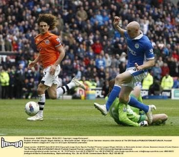 Football -Premier League- Wigan Athletic vs. Newcastle United - Wign s Conor Sammon misses a late chance at The DW Stadium 