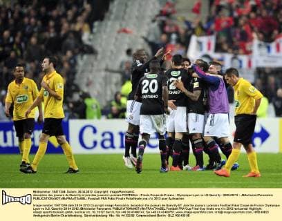 deception des joueurs de Quevilly et joie des joueurs Lyonnais FOOTBALL : Finale Coupe de France - Olympique Lyon vs US Quevilly - 28 04 2012 - JBAutissier Panoramic 