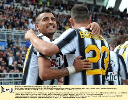 Arturo VIDAL Marco BORIELLO (Juventus) goal celebration Novara 29 04 2012 Stadio Silvio Piola Serie A 2011 2012 Football, Novara Clacio vs Juventus Turin, allexsabba
