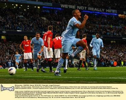 Football - Premier League - Manchester City vs. Manchester United Vincent Kompany of Manchester City celebrates his opening goal at the Etihad Stadium 