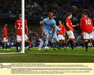 Football - Premier League - Manchester City vs. Manchester United Vincent Kompany of Manchester City celebrates his opening goal at the Etihad Stadium 