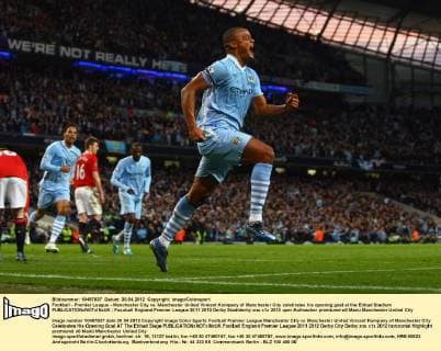 Football - Premier League - Manchester City vs. Manchester United Vincent Kompany of Manchester City celebrates his opening goal at the Etihad Stadium 