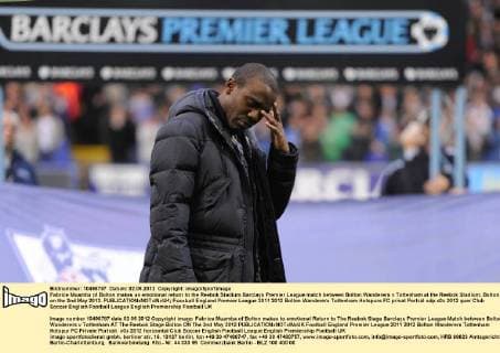 Fabrice Muamba of Bolton makes an emotional return to the Reebok Stadium.Barclays Premier League match between Bolton Wanderers v Tottenham at the Reebok Stadium, Bolton on the 2nd May 2012. EDITORIAL USE ONLY. No use with unauthorised audio, video, data, fixture lists, club league logos or live services. Online in-match use limited to 120 images, no video emulation. No use in betting, games or single club league player publications.
