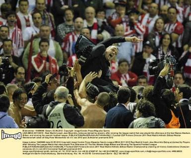 LIGA BBVA 2011 2012 - Real Madrid coach Jose Mourinho, being acclaimed by players, after winning the league match that was played this afternoon at the San Mames Stadium, Bilbao, and winning the spanish football league. 
