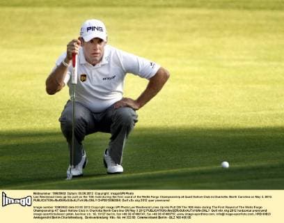 Lee Westwood lines up his putt on the 10th hole during the first round of the Wells Fargo Championship at Quail Hollow Club in Charlotte, North Carolina on May 3, 2012.  CHP2012050306