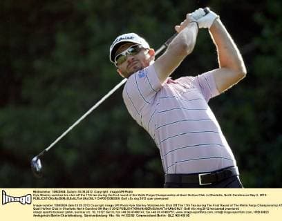 Kyle Stanley watches his shot off the 11th tee during the first round of the Wells Fargo Championship at Quail Hollow Club in Charlotte, North Carolina on May 3, 2012.  CHP2012050309