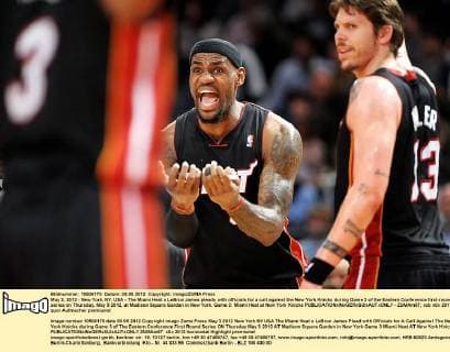 May 3, 2012 - New York, NY, USA - The Miami Heat s LeBron James pleads with officials for a call against the New York Knicks during Game 3 of the Eastern Conference first-round series on Thursday, May 3 2012, at Madison Square Garden in New York. Game 3: Miami Heat at New York Knicks - ZUMAm67