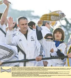 Real Madrid C.F. celebrating 32 th Liga championship victory in Cibeles, Madrid, Spain, 03 05 2012 Jose Mourinho, coach and manager of Real Madrid C.F., with his son Jose Mario jr. during the celebration 