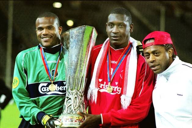 Football : UEFA Cup Final 2001.16 05 2001. FC Liverpool vs CD Deportivo Alaves. L to R. Pegguy Arphexad , Emile Heskey, Bernard Diomede (Liverpool) 