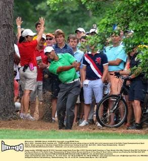 May 4, 2012 - Charlotte, North Carolina, U.S. - TIGER WOODS hits after taking a drop on the 5th hole in the second round of the Wells Fargo Championship at Quail Hollow. Woods was given a free drop at Quail Hollow without ever finding his golf ball. Golf 2012 - Wells Fargo Championship - Round 2 - ZUMAm67