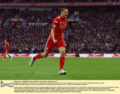 Football - FA Cup Final - Liverpool FC vs. Chelsea FC London; Andy Carroll of Liverpool celebrates scoring his first goal at Wembley Stadium, London 