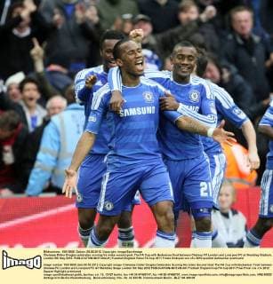 Chelseas Didier Drogba celebrates scoring his sides second goal..The FA Cup with Budweiser final between Chelsea FC London and Liverpool FC at Wembley Stadium, London 5th May 2012. EDITORIAL USE ONLY. No use with unauthorised audio, video, data, fixture lists, club league logos or live services. Online in-match use limited to 120 images, no video emulation. No use in betting, games or single club league player publications.