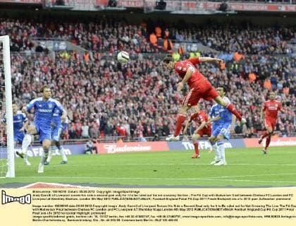Andy Carroll of Liverpool scores his side s second goal only for it to be ruled out for not crossing the line ..The FA Cup with Budweiser final between Chelsea FC London and FC Liverpool at Wembley Stadium, London 5th May 2012 EDITORIAL USE ONLY. No use with unauthorised audio, video, data, fixture lists, club league logos or live services. Online in-match use limited to 120 images, no video emulation. No use in betting, games or single club league player publications.
