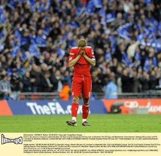 Steven Gerrard of Liverpool is dejected after the final whistle losing the FA Cup final to Chelsea..The FA Cup with Budweiser final between Chelsea FC London and FC Liverpool at Wembley Stadium, London 5th May 2012 EDITORIAL USE ONLY. No use with unauthorised audio, video, data, fixture lists, club league logos or live services. Online in-match use limited to 120 images, no video emulation. No use in betting, games or single club league player publications.