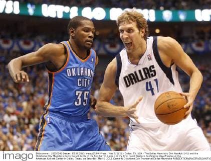 May 5, 2012 - Dallas, TX, USA - The Dallas Mavericks Dirk Nowitzki (41) and the Oklahoma City Thunder s Kevin Durant battle in the first half in Game 4 of the first-round Western Conference playoff series at the American Airlines Center in Dallas, Texas, on Saturday, May 5, 2012. Game 4: Oklahoma City Thunder at Dallas Mavericks - ZUMAm67